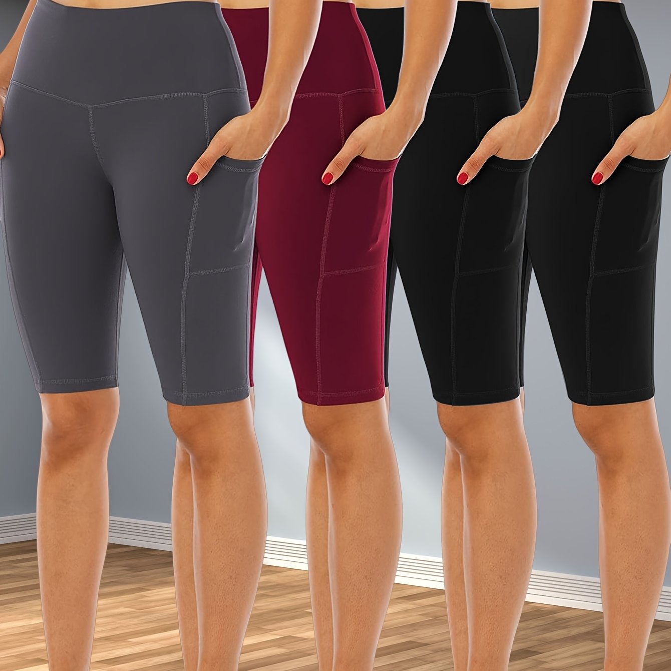 4pcs Women's High-Waisted Yoga Shorts with Side Pockets
