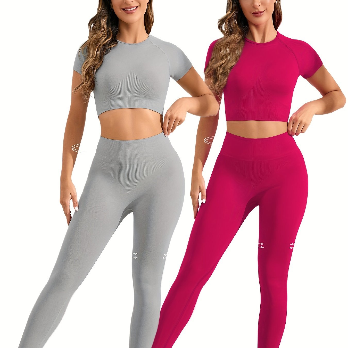 2 sets of seamless nylon stretch yoga fitness short-sleeved shirt and slim hip running leggings suit