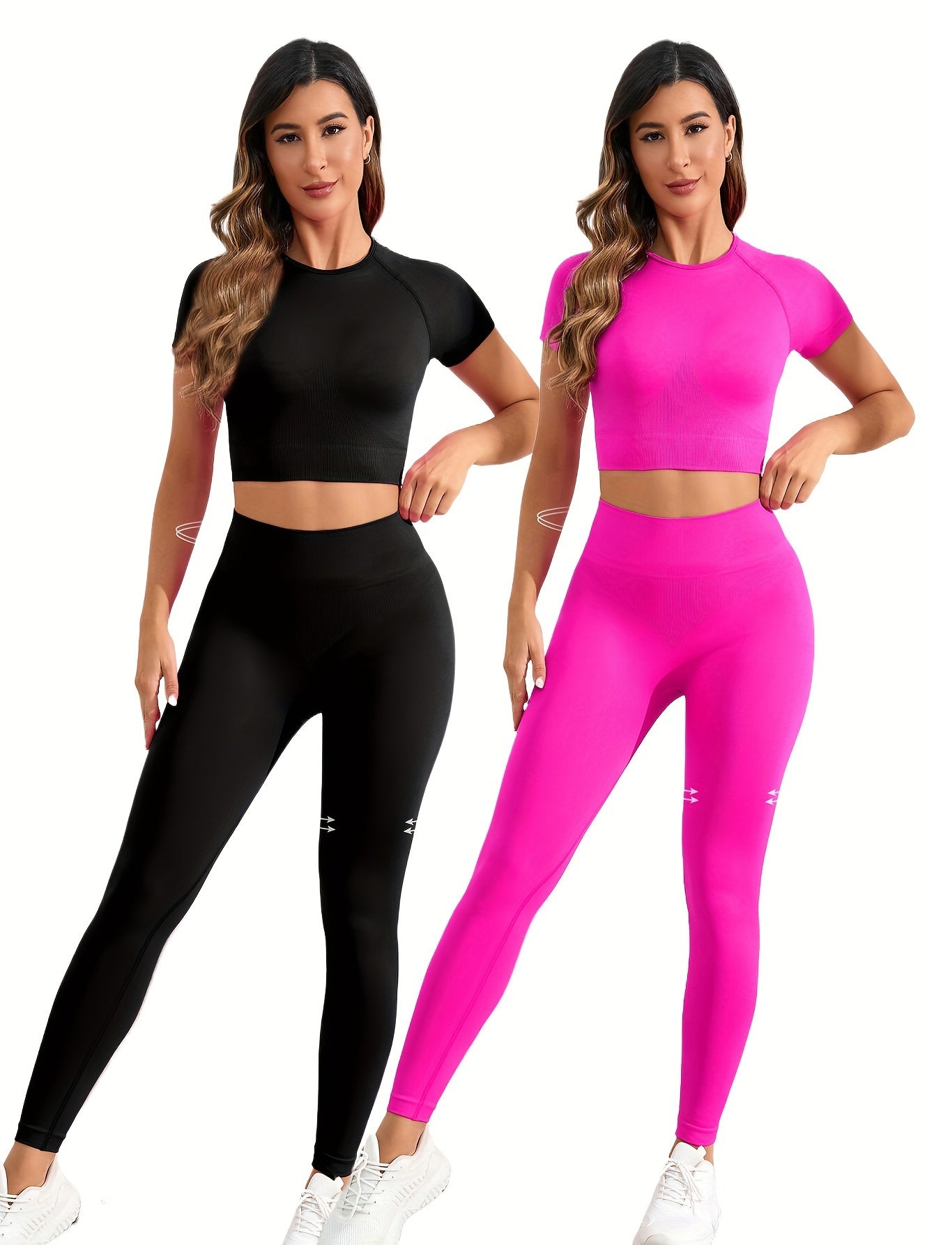 2 sets of seamless nylon stretch yoga fitness short-sleeved shirt and slim hip running leggings suit