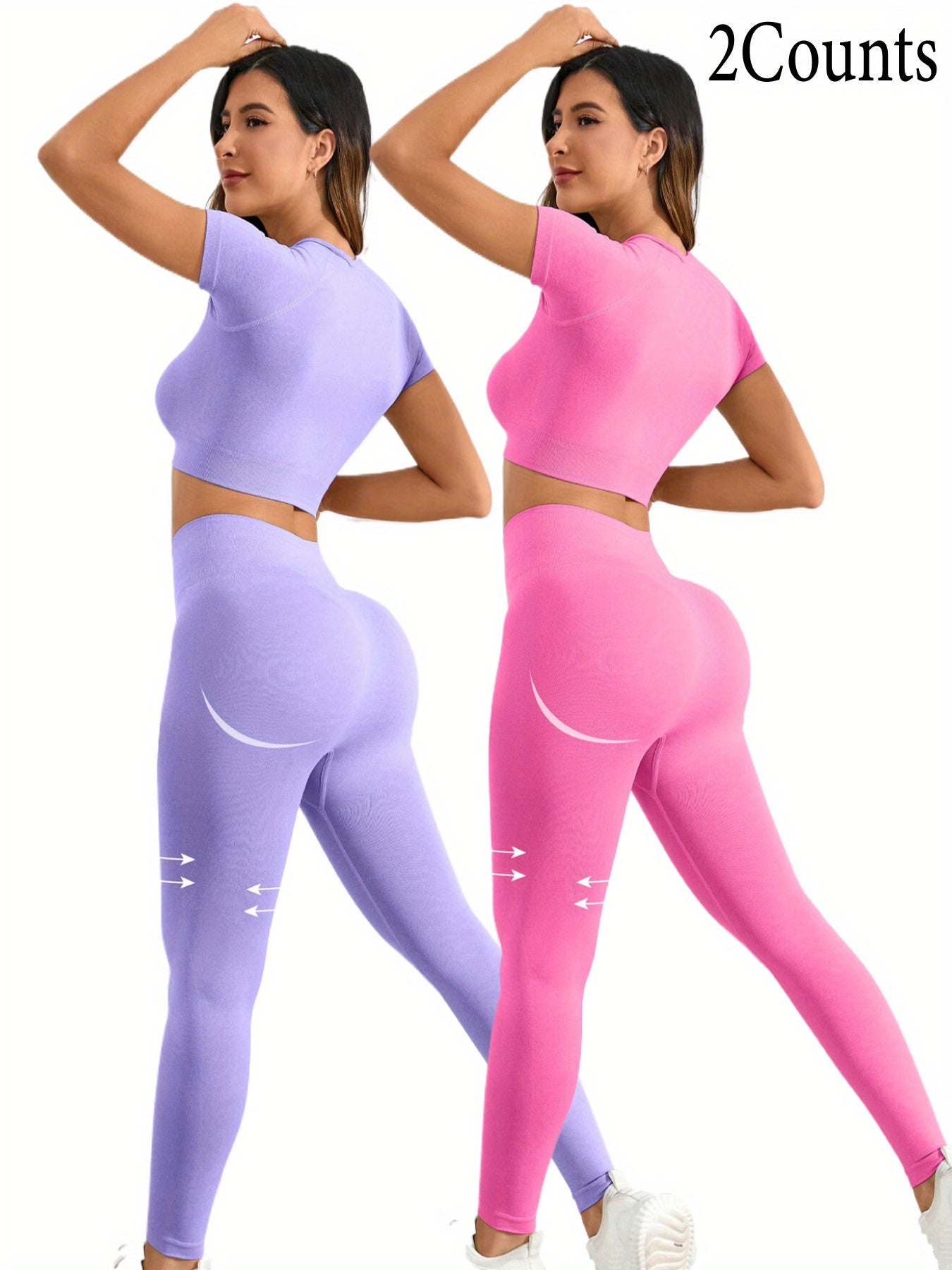 2 sets of seamless nylon stretch yoga fitness short-sleeved shirt and slim hip running leggings suit