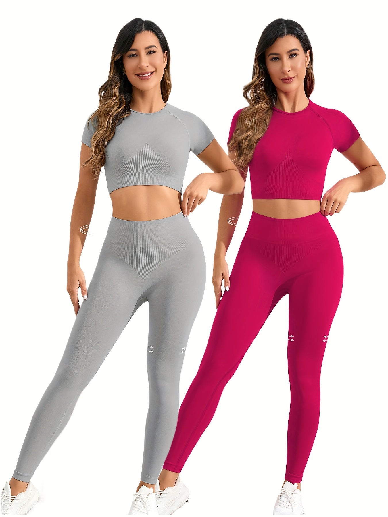 2 sets of seamless nylon stretch yoga fitness short-sleeved shirt and slim hip running leggings suit