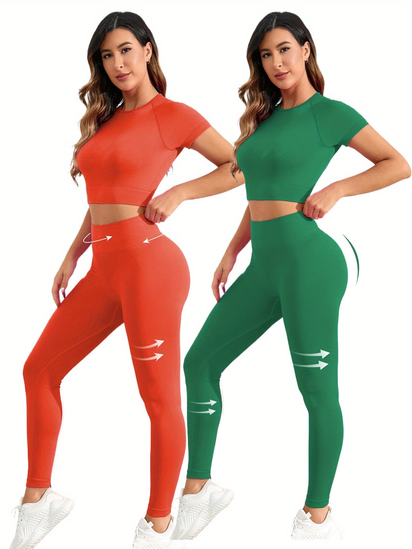 2 sets of seamless nylon stretch yoga fitness short-sleeved shirt and slim hip running leggings suit