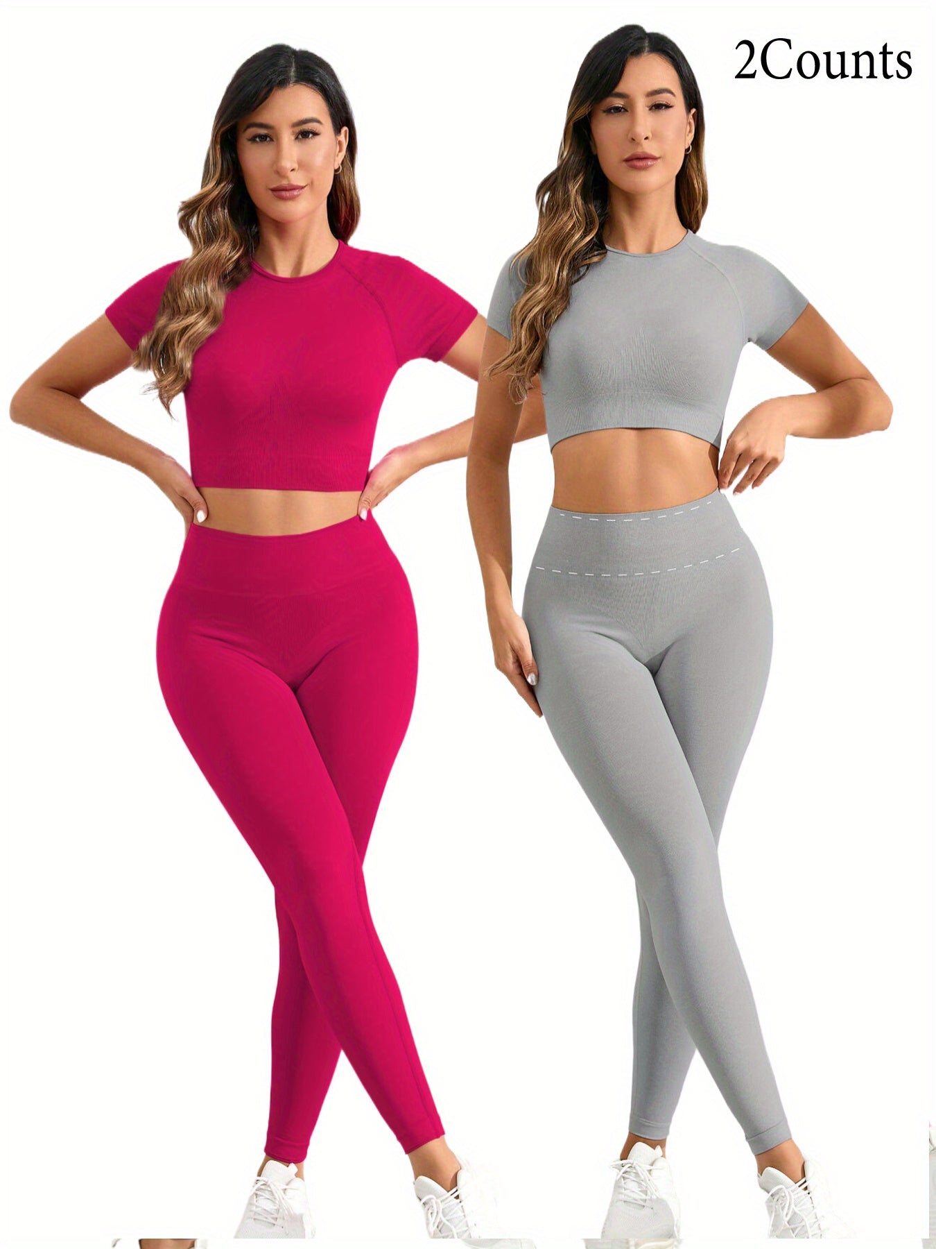 2 sets of seamless nylon stretch yoga fitness short-sleeved shirt and slim hip running leggings suit