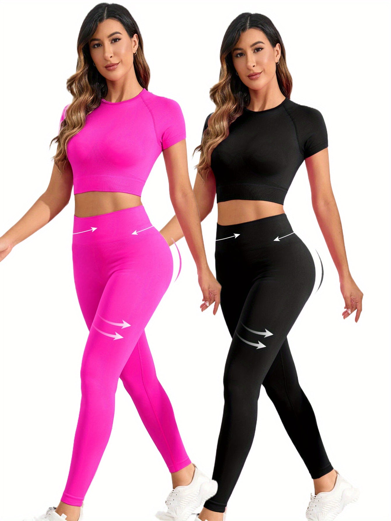 2 sets of seamless nylon stretch yoga fitness short-sleeved shirt and slim hip running leggings suit