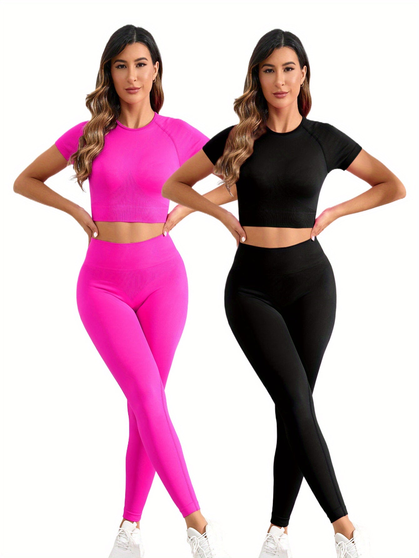 2 sets of seamless nylon stretch yoga fitness short-sleeved shirt and slim hip running leggings suit