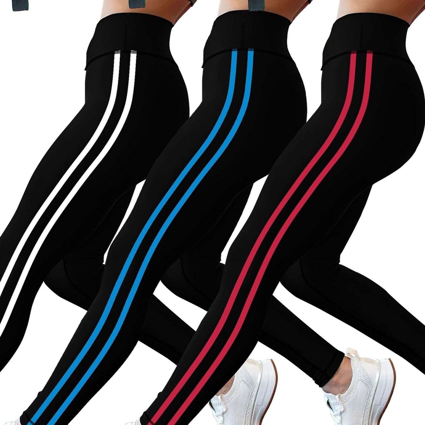 3-Pack Women's High-Waisted Striped Athletic Leggings-