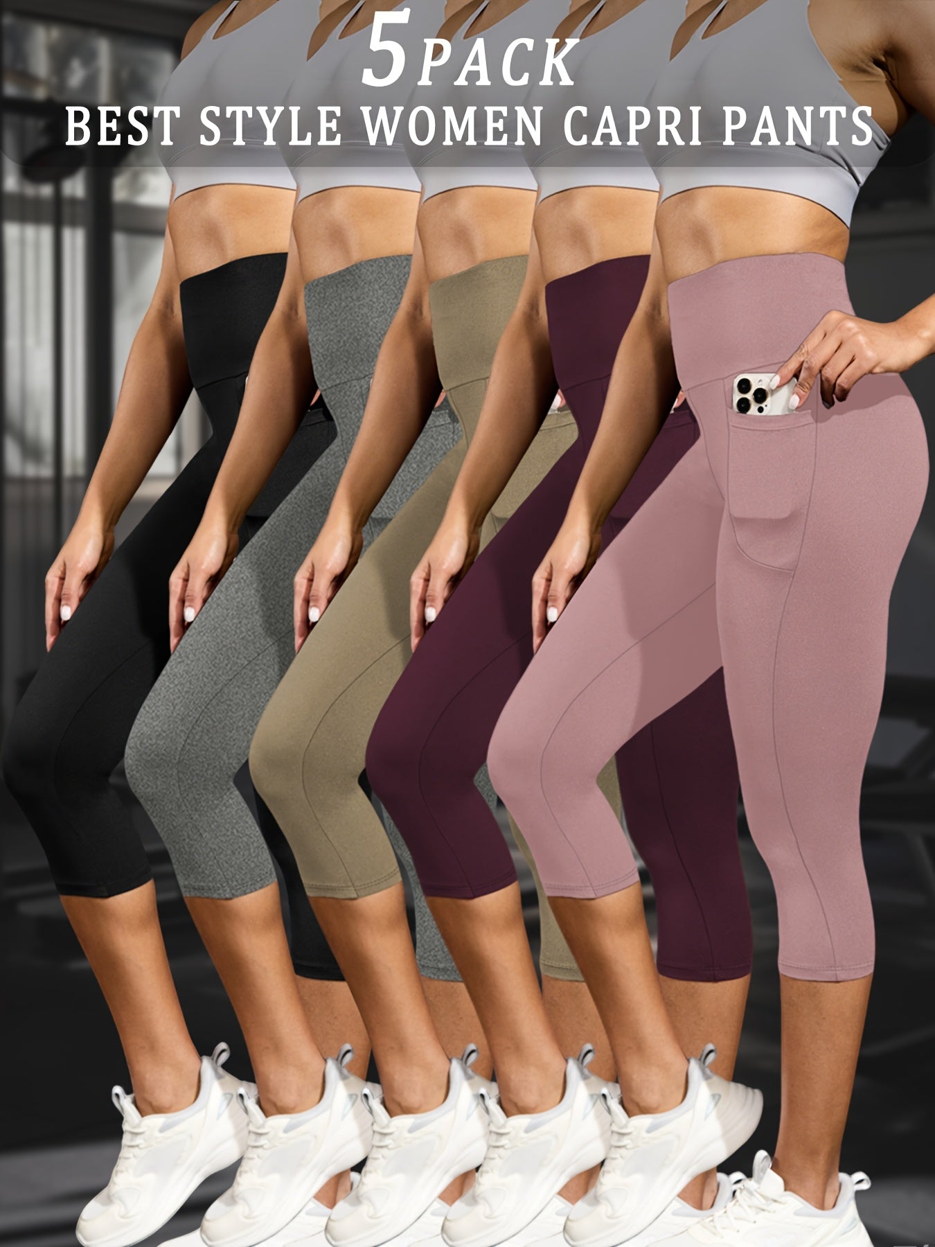 5 PACK 5" High Waisted capri pants For Women With Pockets,