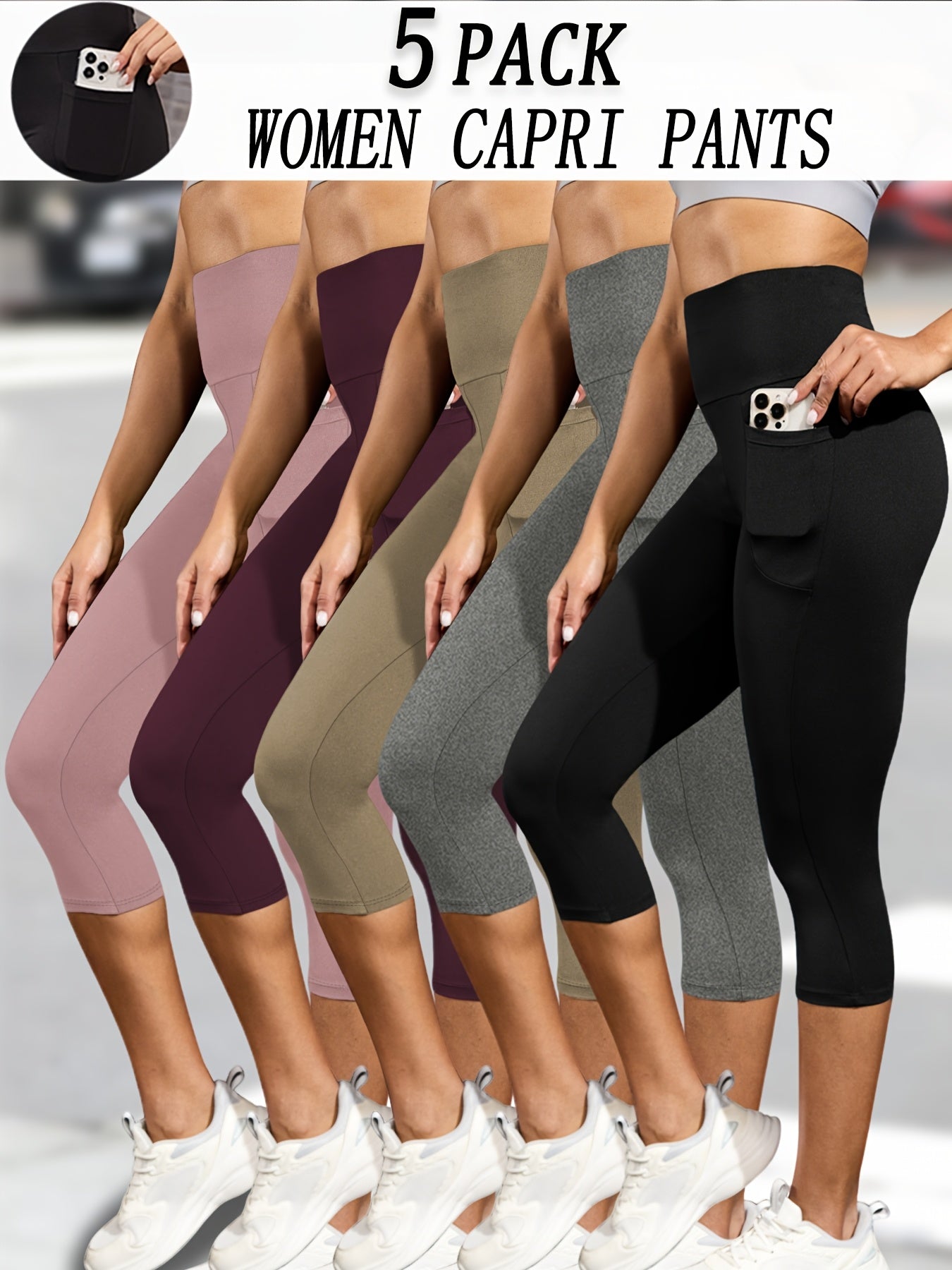 5 Pack Women'S High-Waisted Capri Pants with Pockets,