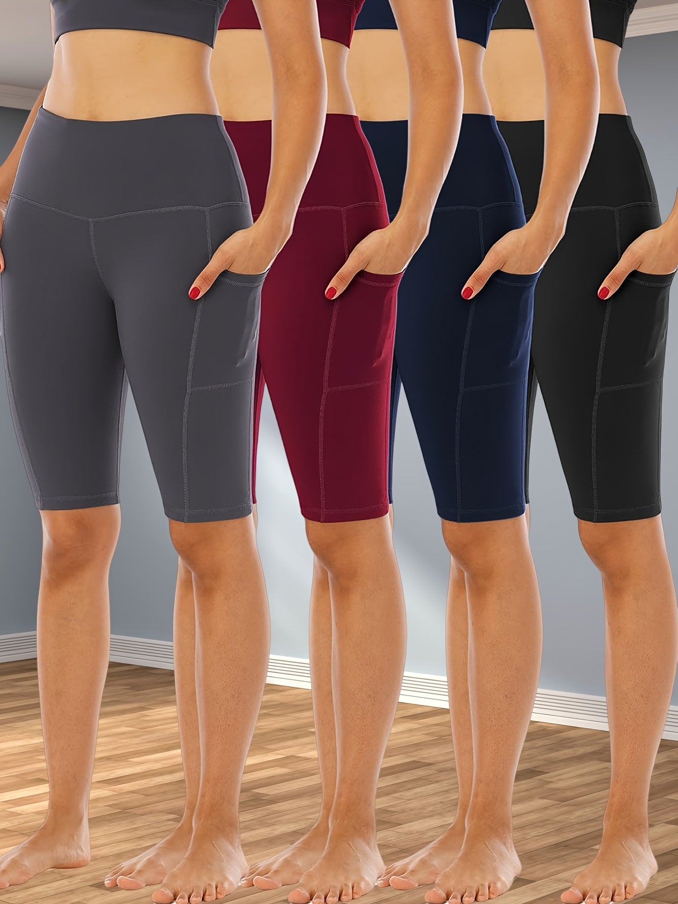 4pcs Women's High-Waisted Yoga Shorts with Side Pockets