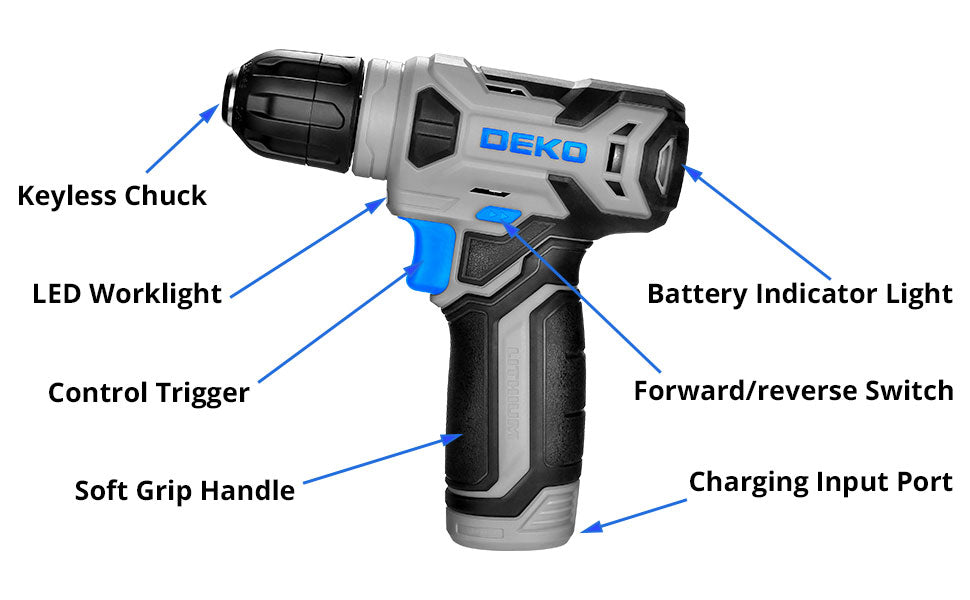 DEKO Drill Set: Tool Set with 8V Blue Cordless Drill