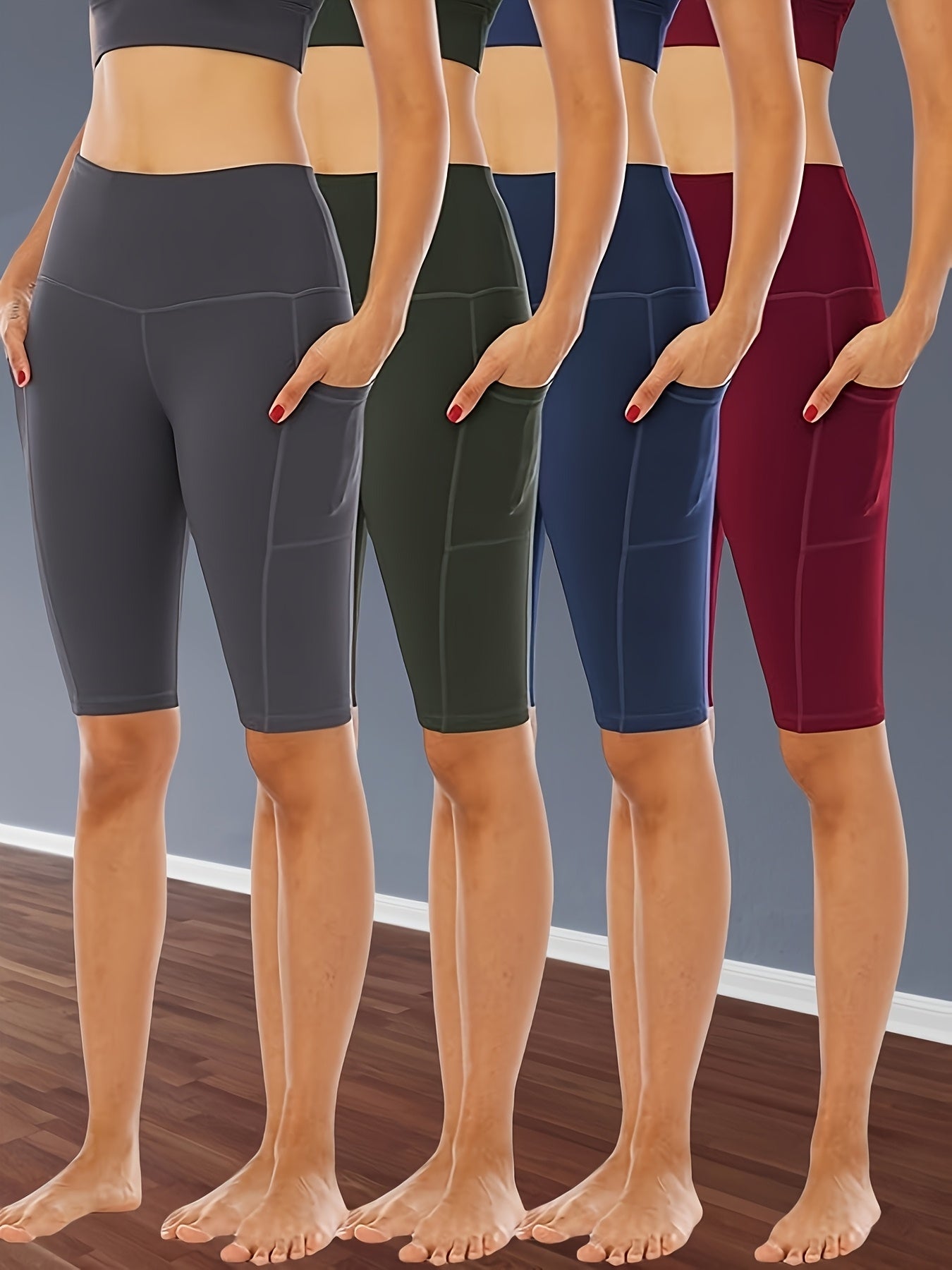 4pcs Women's High-Waisted Yoga Shorts with Side Pockets