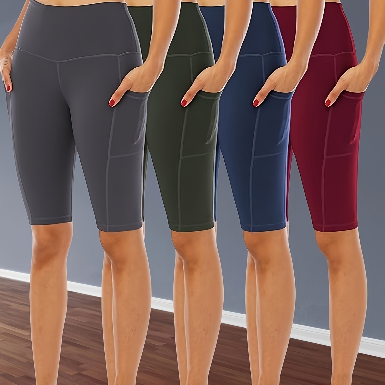 4pcs Women's High-Waisted Yoga Shorts with Side Pockets