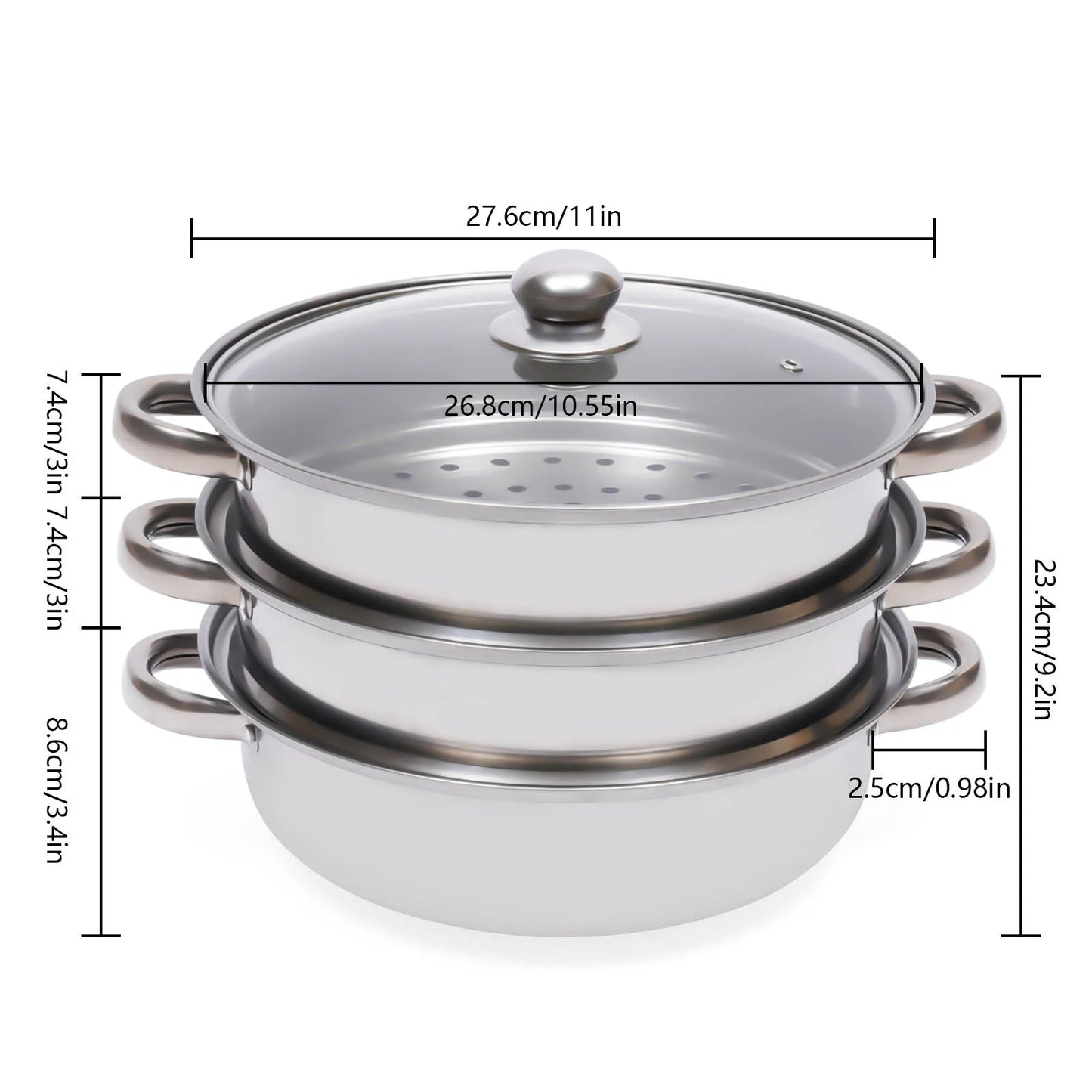 11 Inch Three Tier Stainless Steel Steamer with Glass Lid