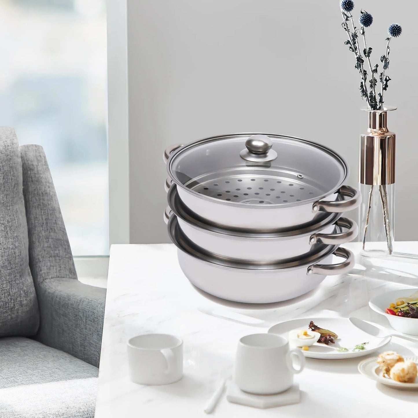 11 Inch Three Tier Stainless Steel Steamer with Glass Lid