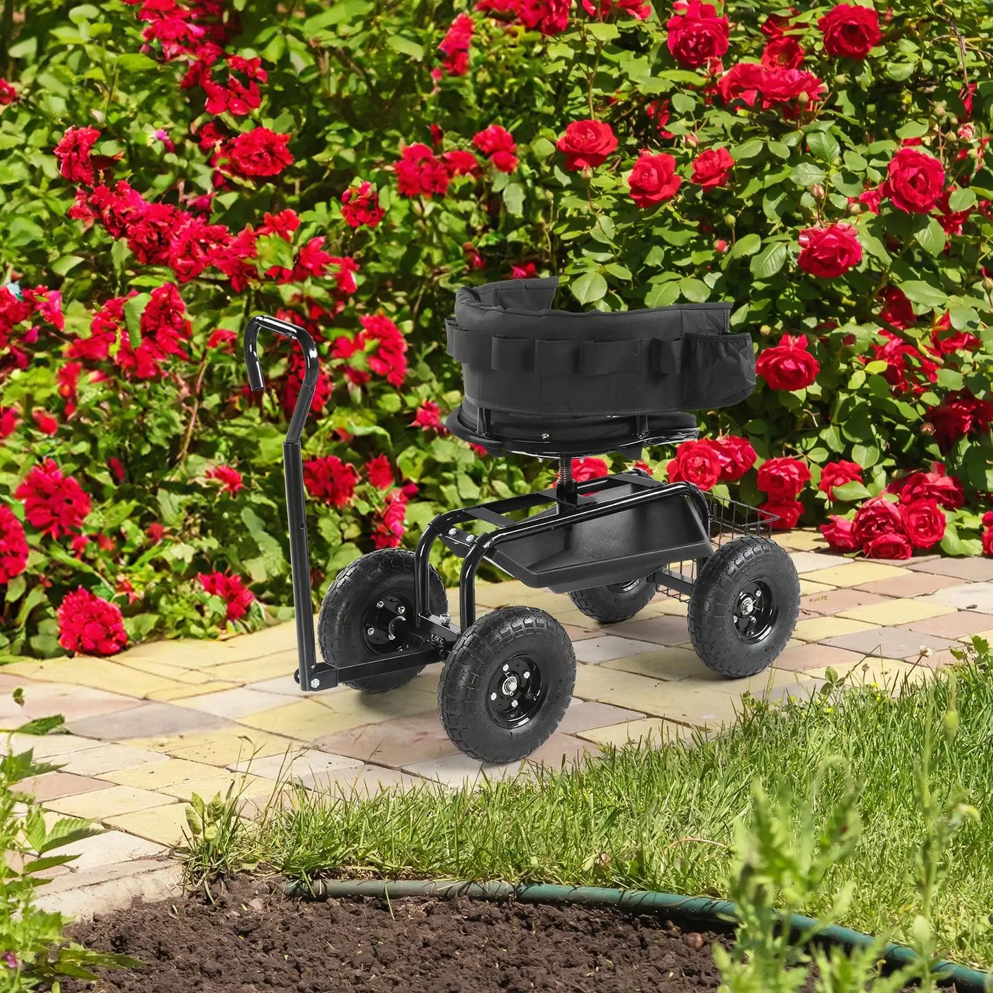 360° Swivel Gardening Cart with Cushioned Seat & Tool Tray -
