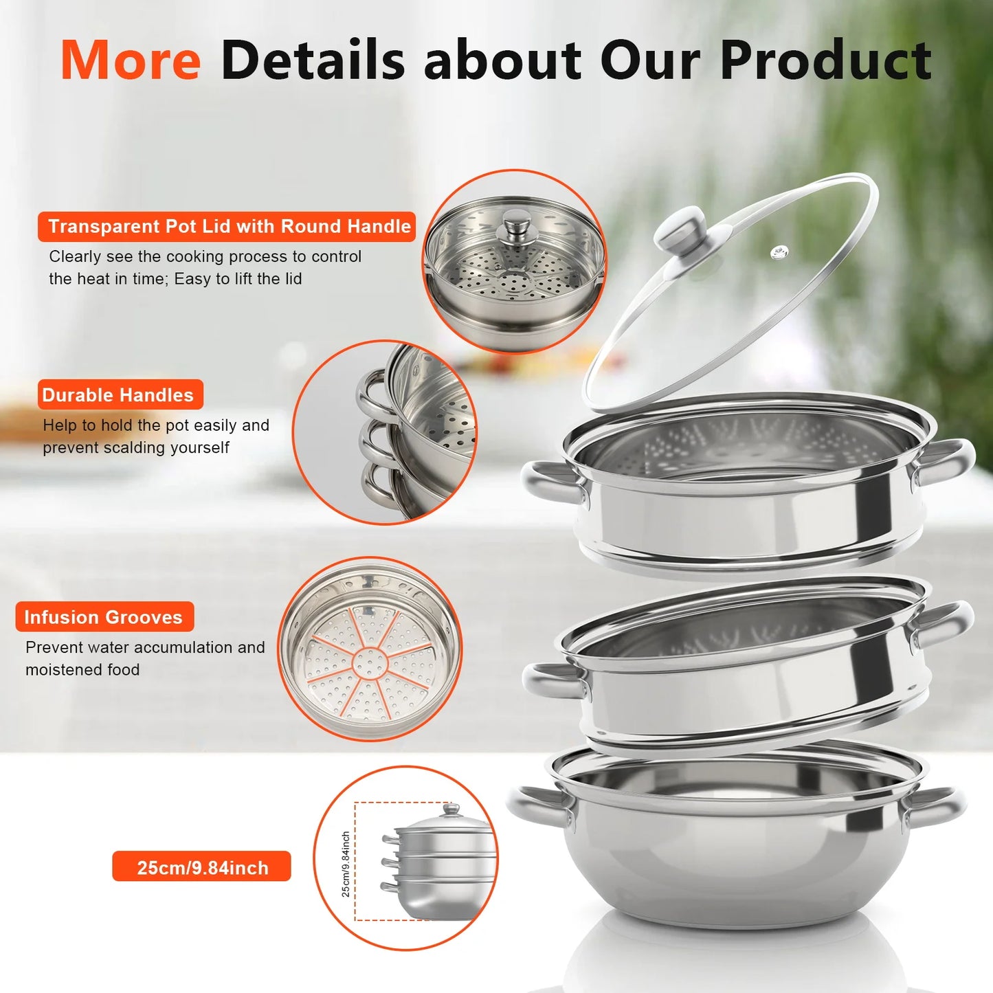 11 Inch Three Tier Stainless Steel Steamer with Glass Lid