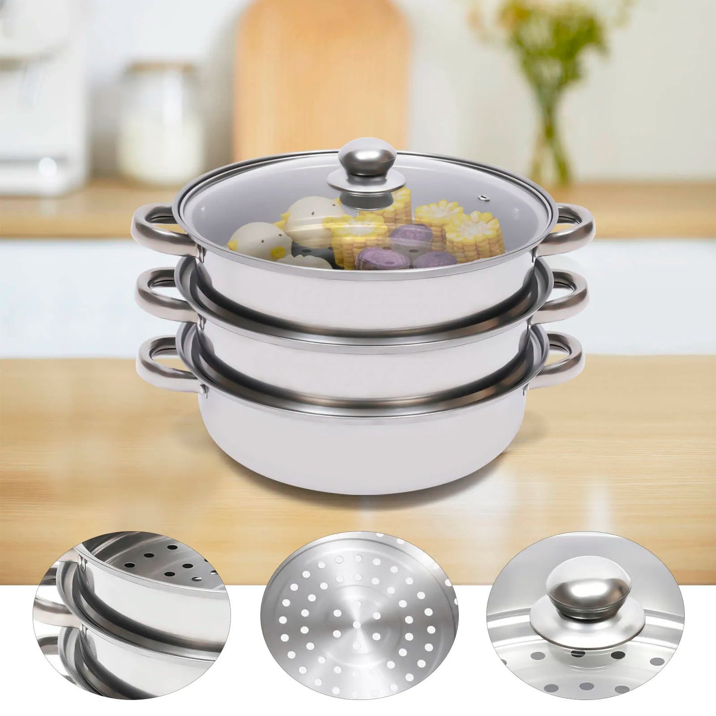 11 Inch Three Tier Stainless Steel Steamer with Glass Lid
