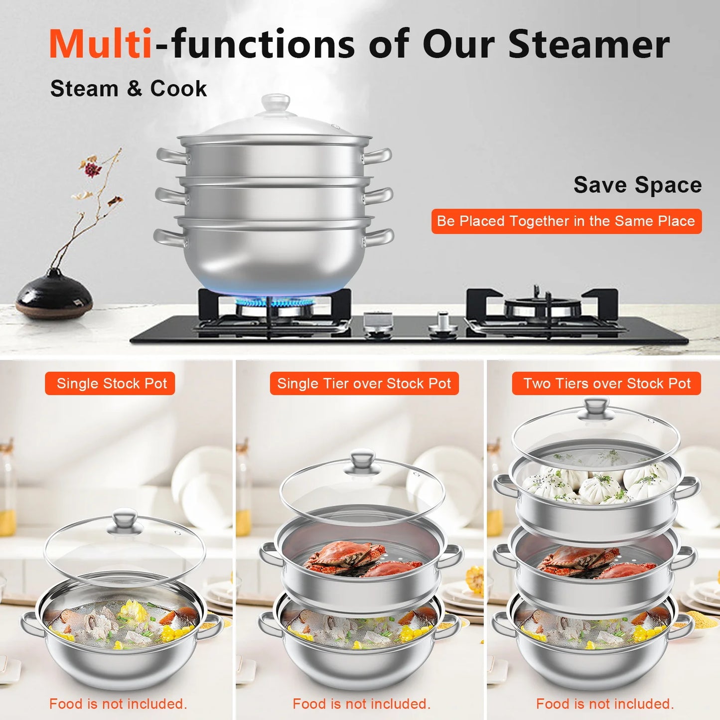 11 Inch Three Tier Stainless Steel Steamer with Glass Lid