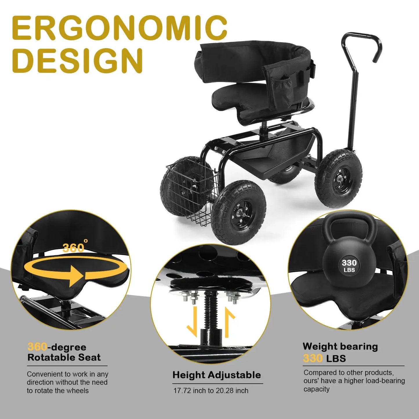 360° Swivel Gardening Cart with Cushioned Seat & Tool Tray -