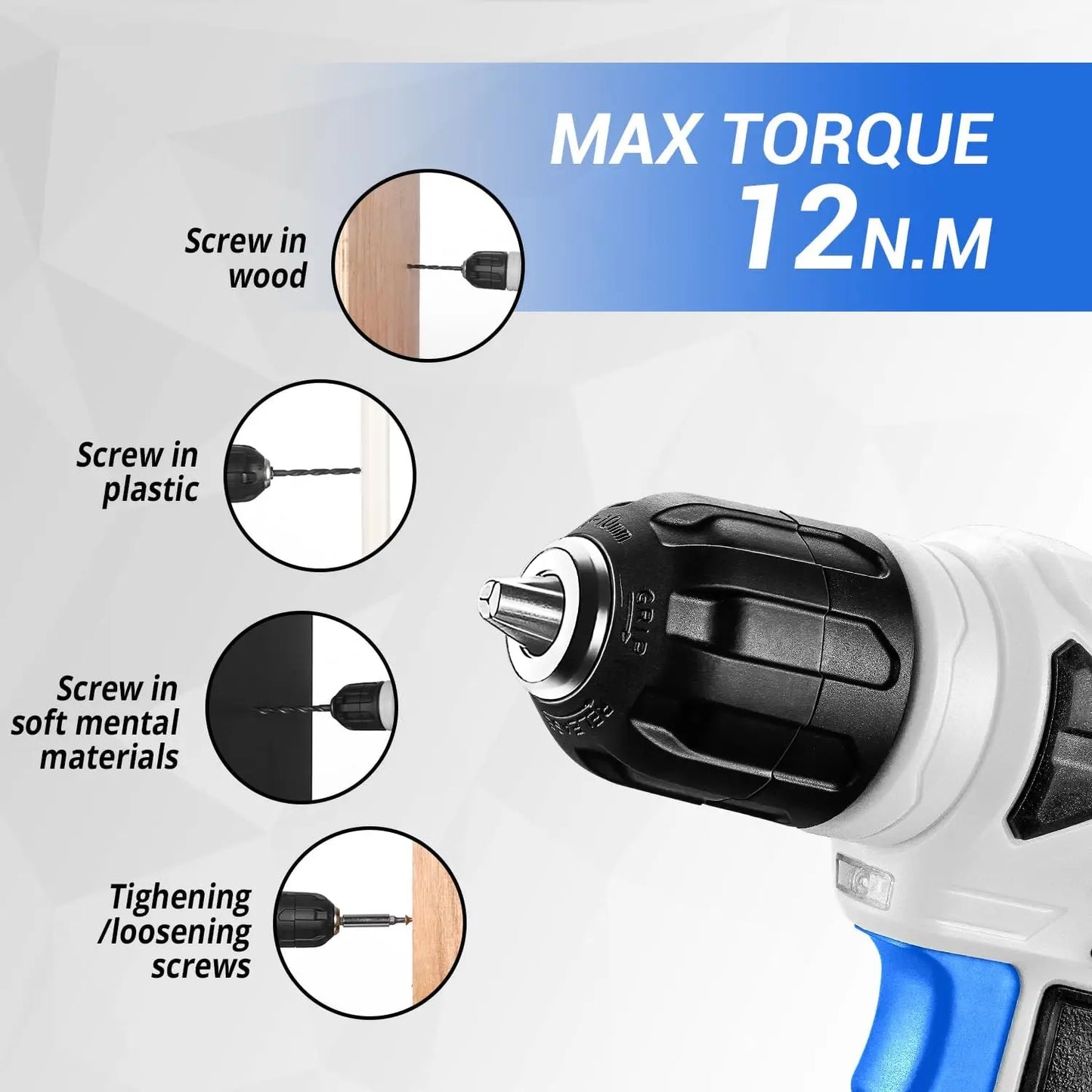DEKO Drill Set: Tool Set with 8V Blue Cordless Drill