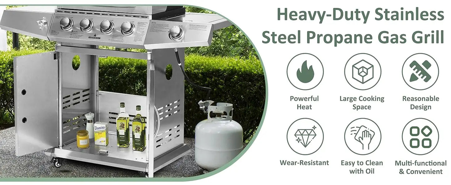 Propane Gas Grill with 4 Burners and Side Burner Assembly
