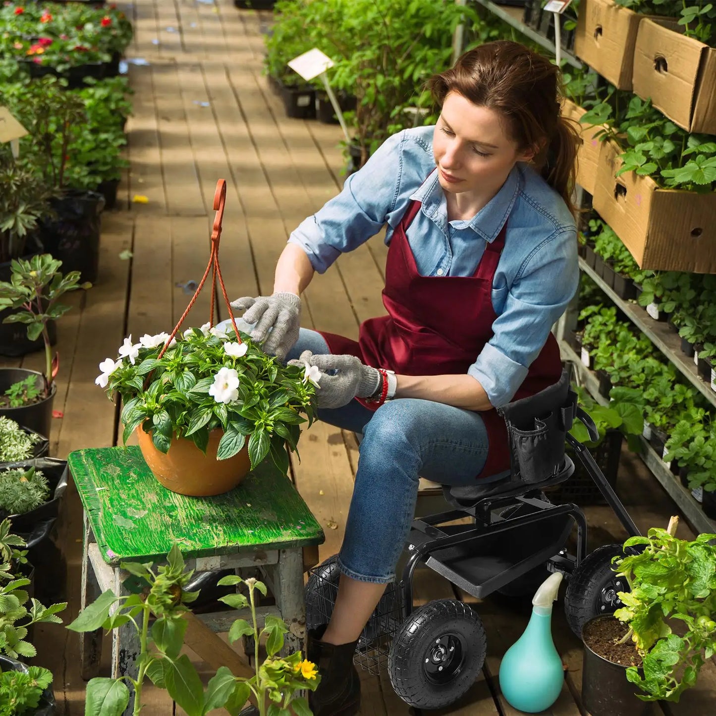 360° Swivel Gardening Cart with Cushioned Seat & Tool Tray -