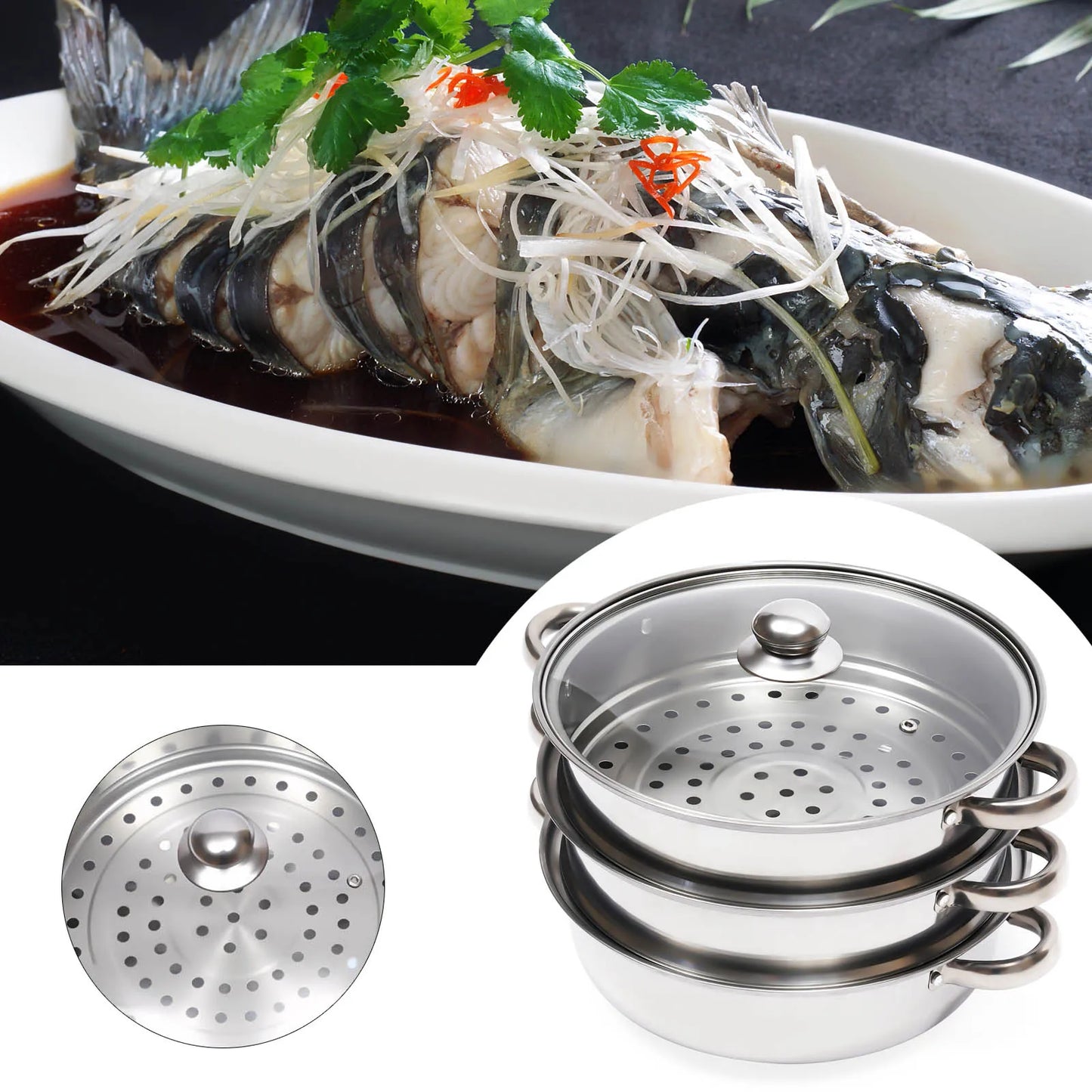 11 Inch Three Tier Stainless Steel Steamer with Glass Lid