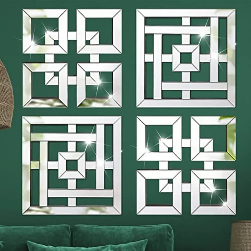4 Pcs Square Silver Mirror Wall Decor Set 1.2 Inch