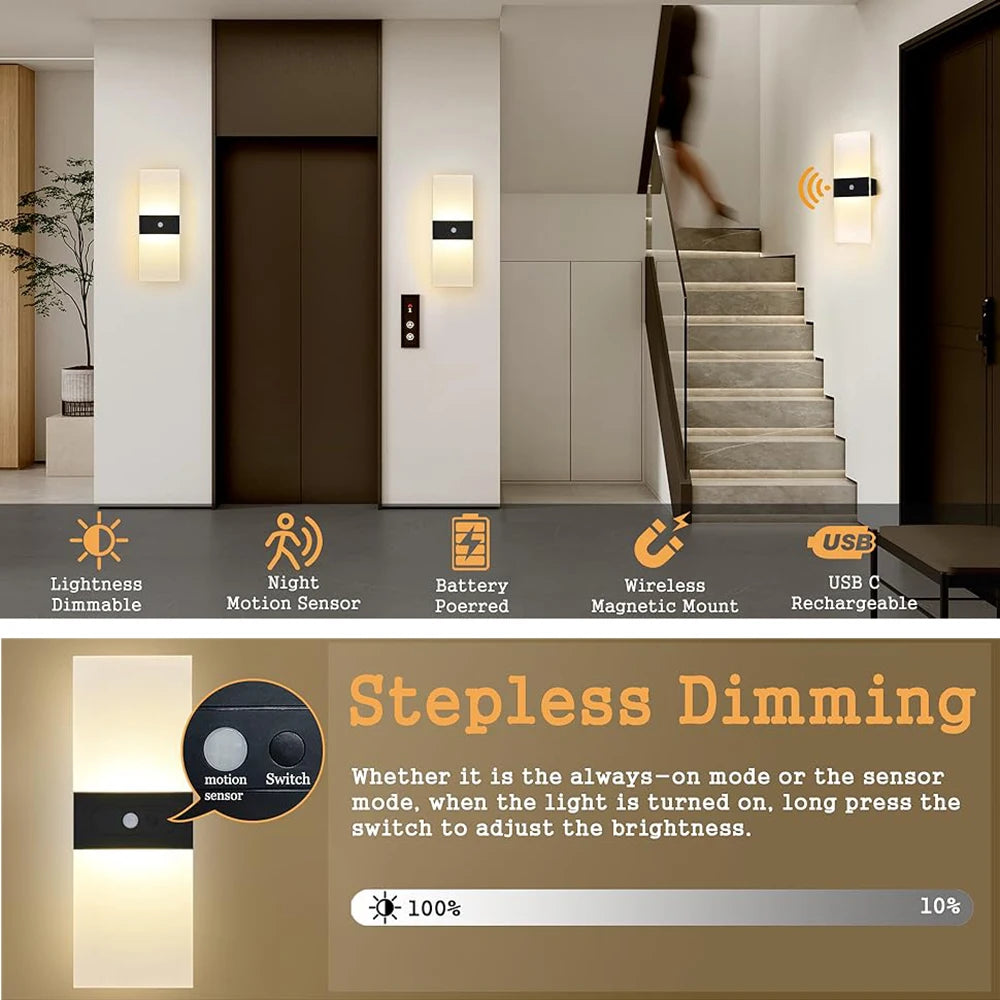 Two-Pack Wireless LED Wall Lamps Dimmable Self-Contained