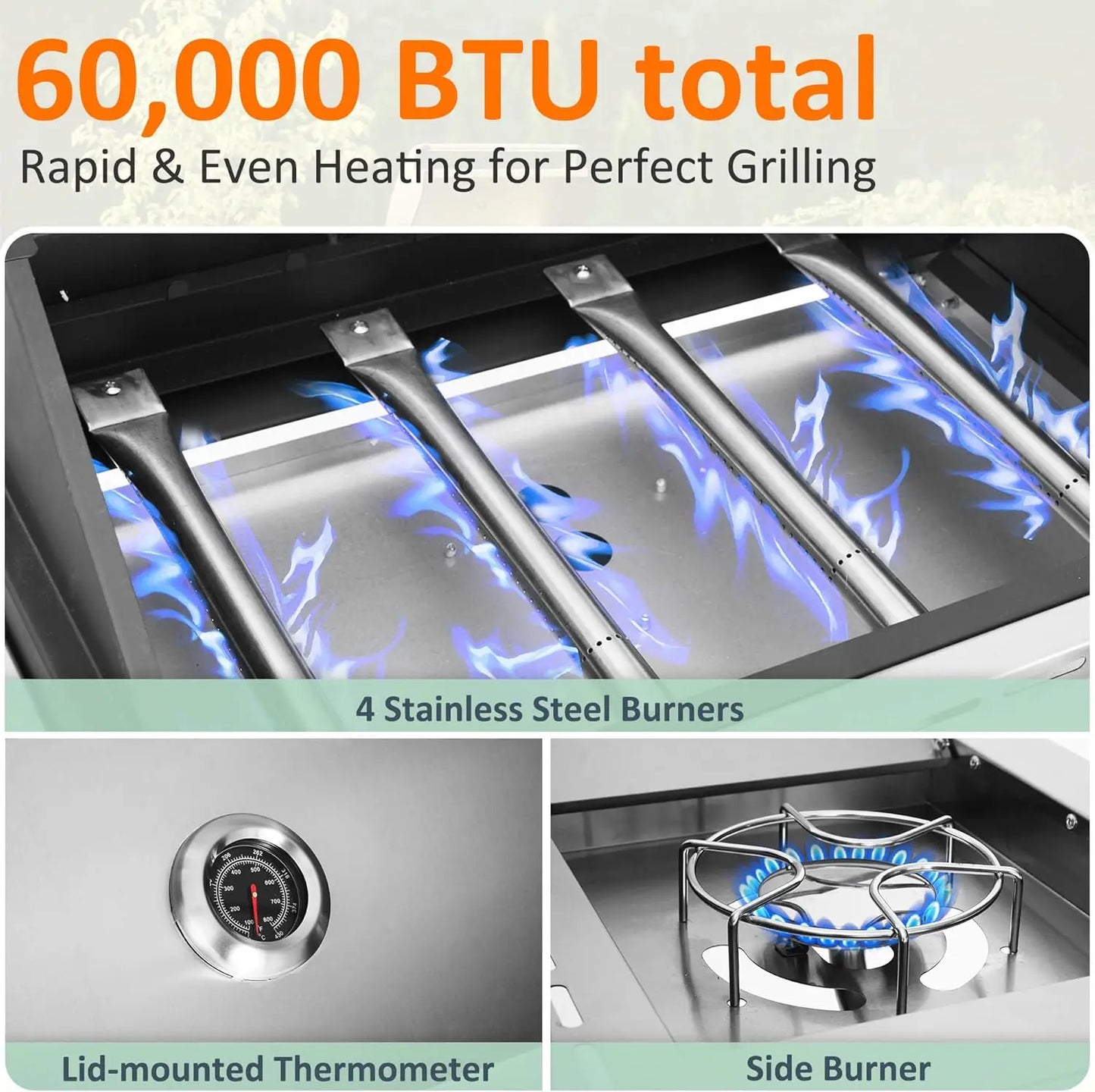 Propane Gas Grill with 4 Burners and Side Burner Assembly