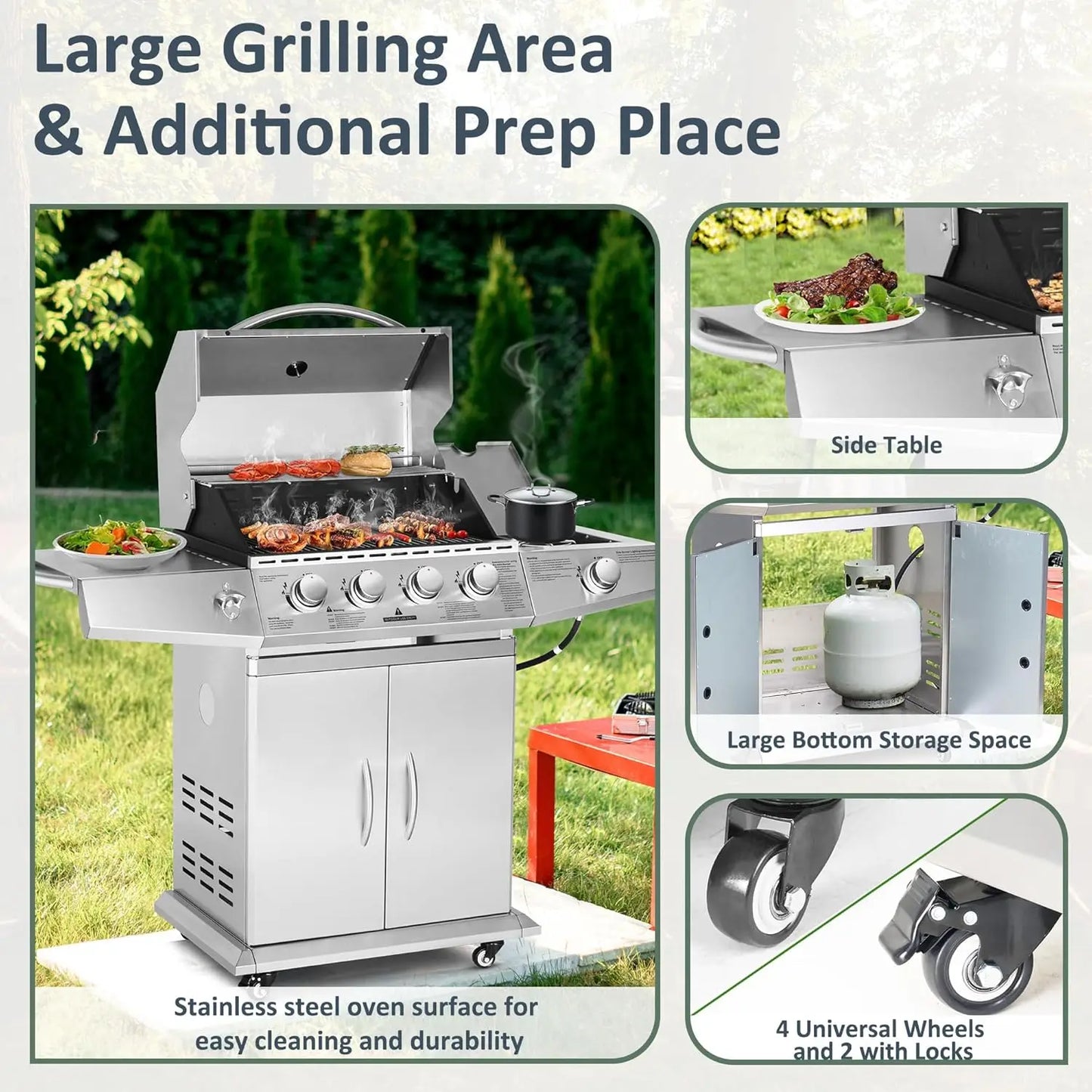 Propane Gas Grill with 4 Burners and Side Burner Assembly