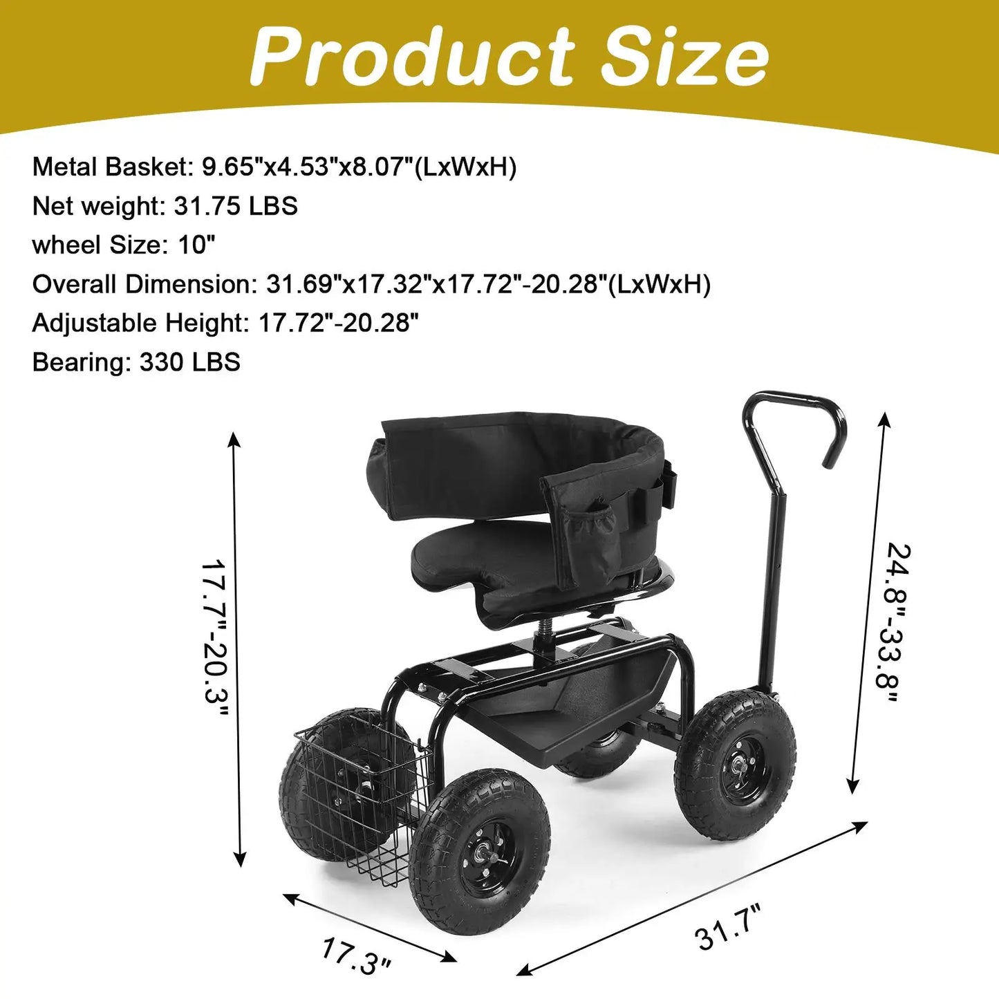 360° Swivel Gardening Cart with Cushioned Seat & Tool Tray -