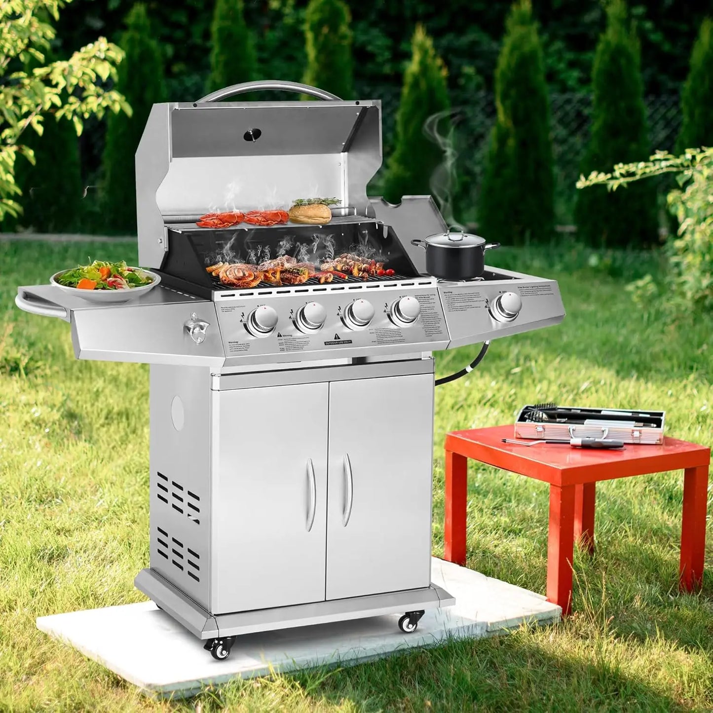 Propane Gas Grill with 4 Burners and Side Burner Assembly