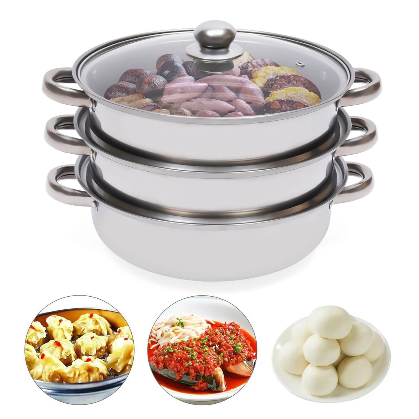 11 Inch Three Tier Stainless Steel Steamer with Glass Lid