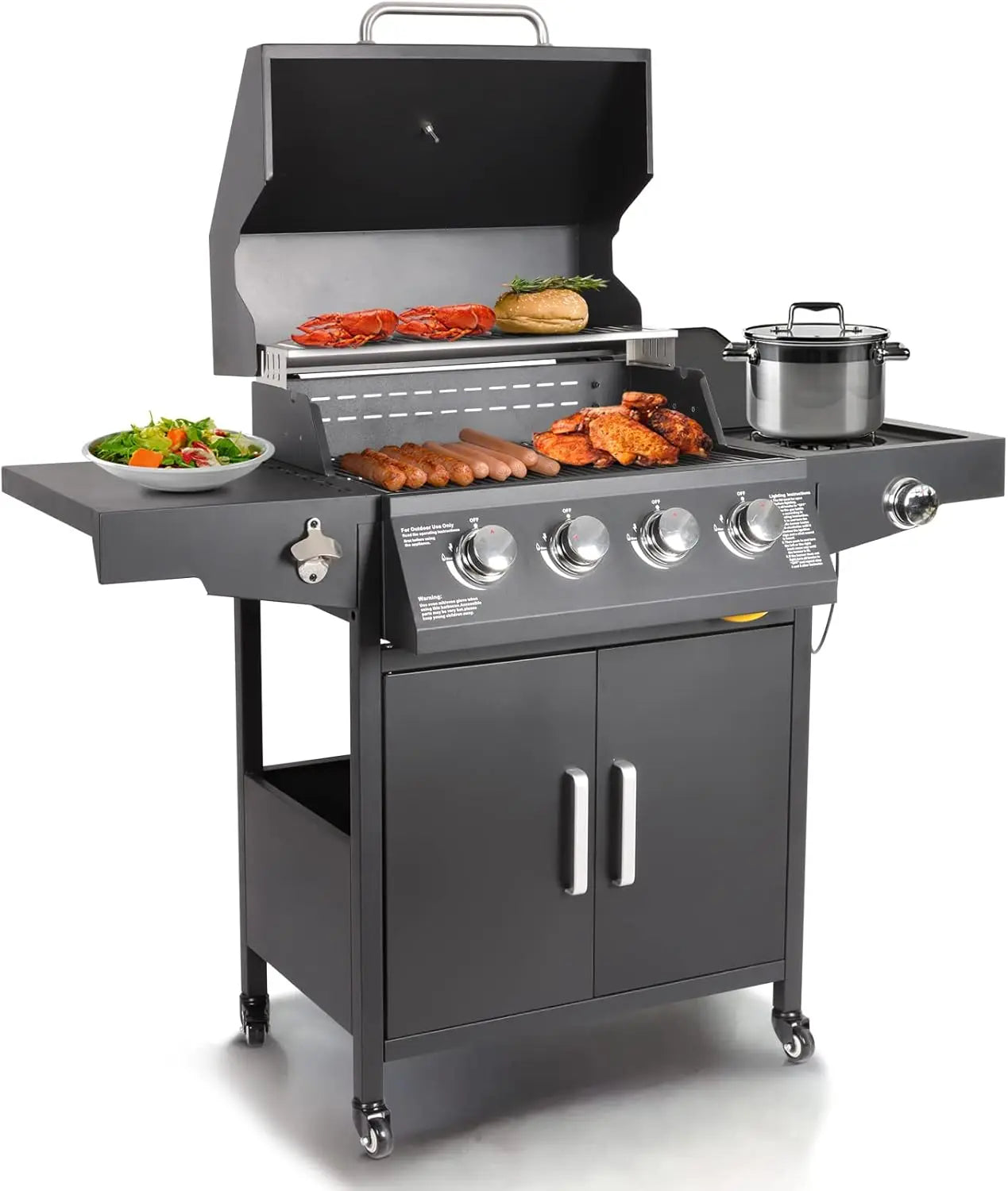 Propane Gas Grill with 4 Burners and Side Burner Assembly
