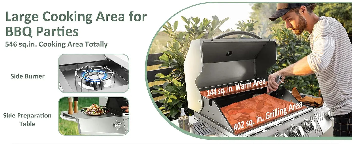 Propane Gas Grill with 4 Burners and Side Burner Assembly