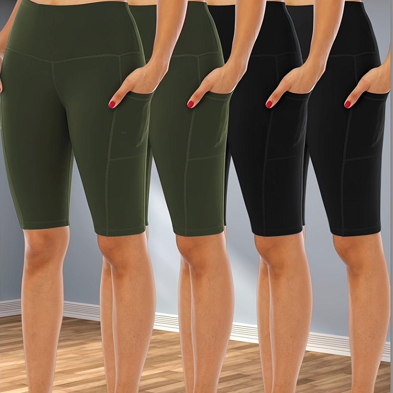 4pcs Women's High-Waisted Yoga Shorts with Side Pockets