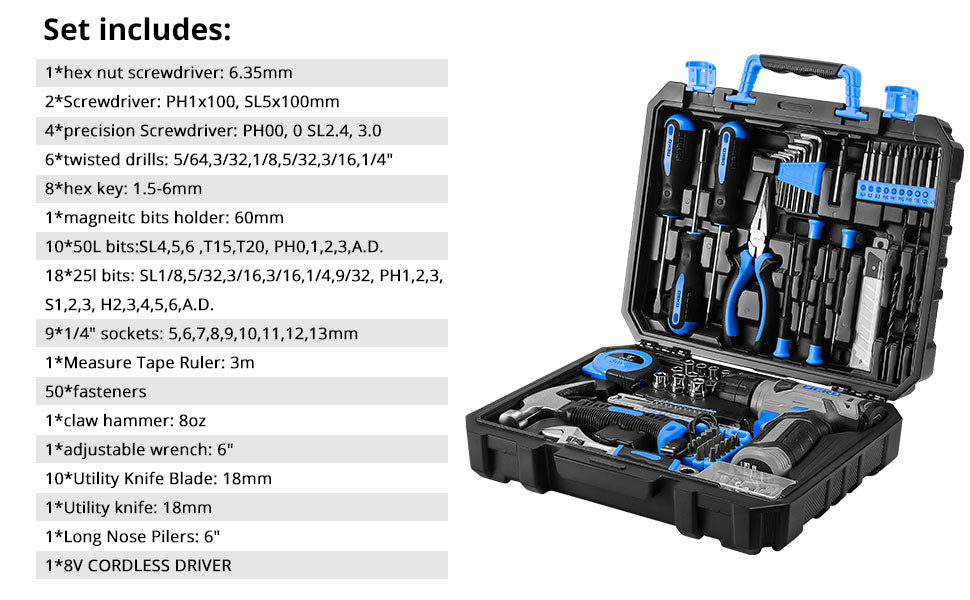 DEKO Drill Set: Tool Set with 8V Blue Cordless Drill