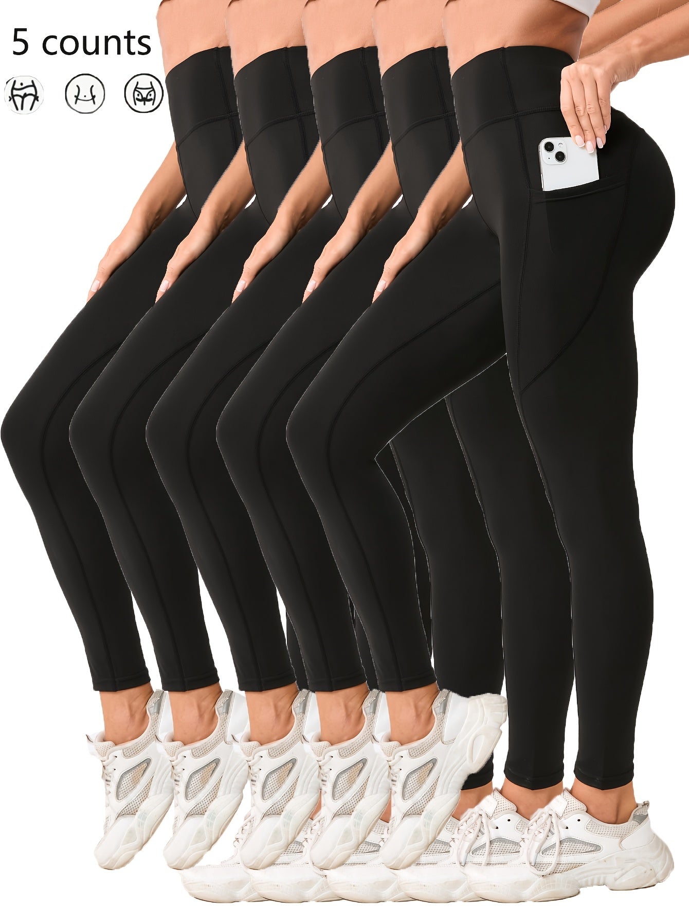 Set of 5 Ultra-Soft Printed Leggings for Women with Pockets,