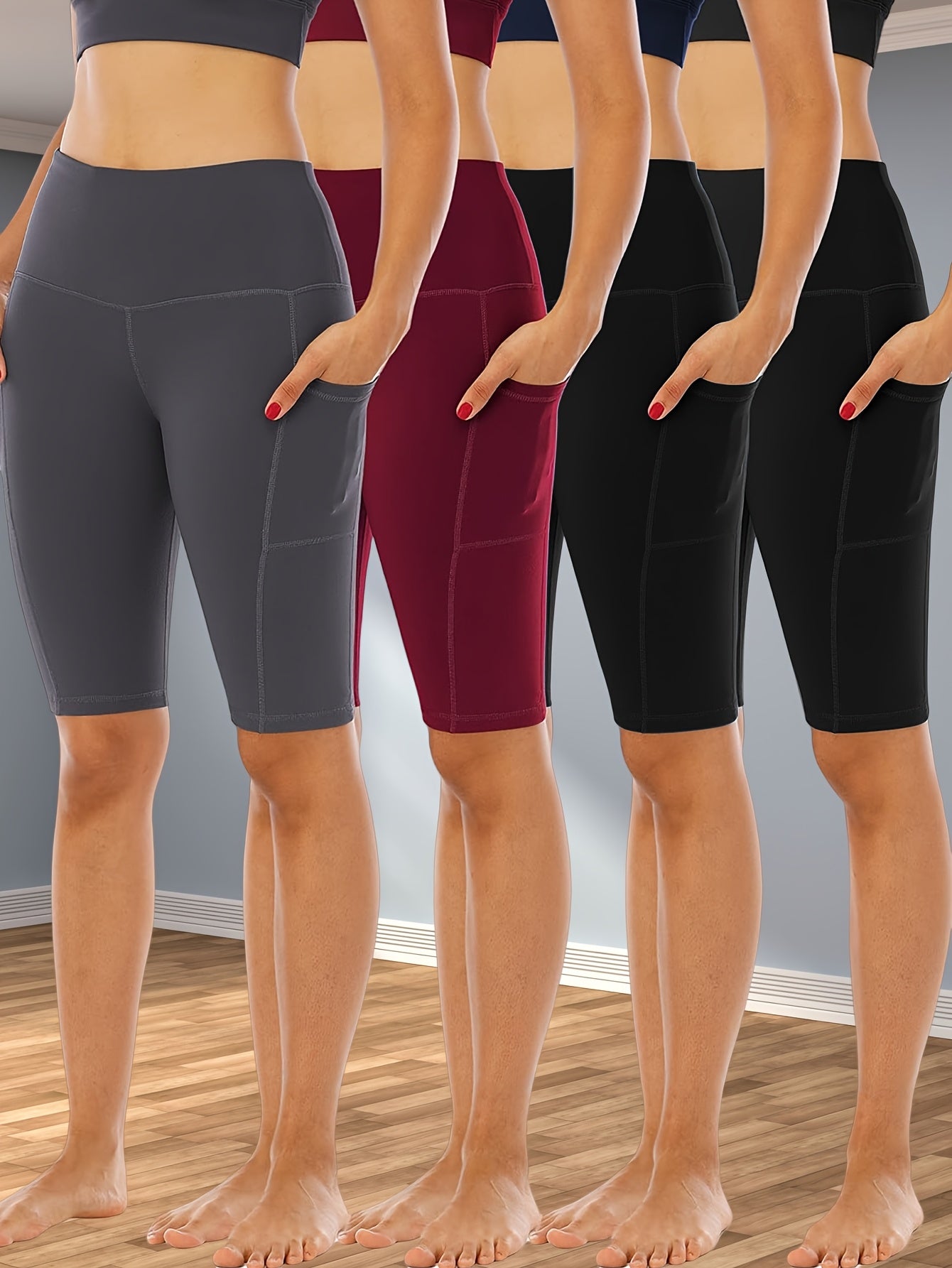 4pcs Women's High-Waisted Yoga Shorts with Side Pockets