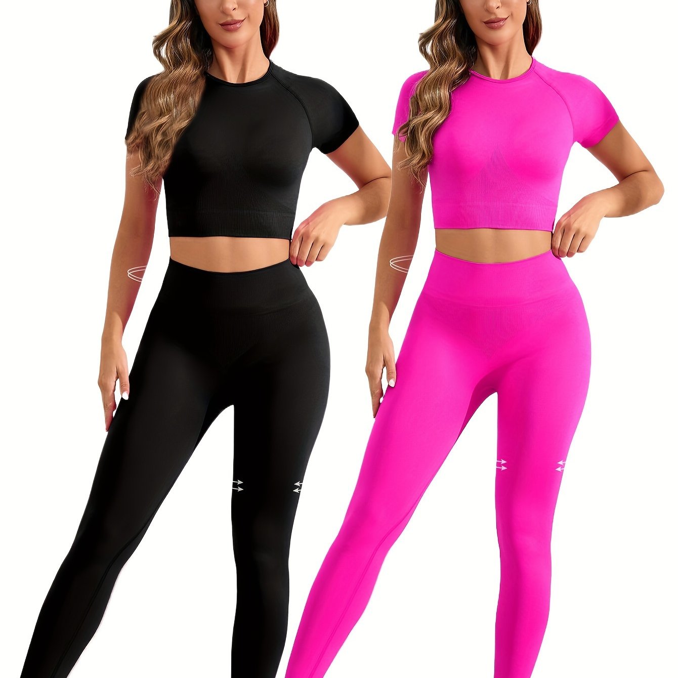 2 sets of seamless nylon stretch yoga fitness short-sleeved shirt and slim hip running leggings suit