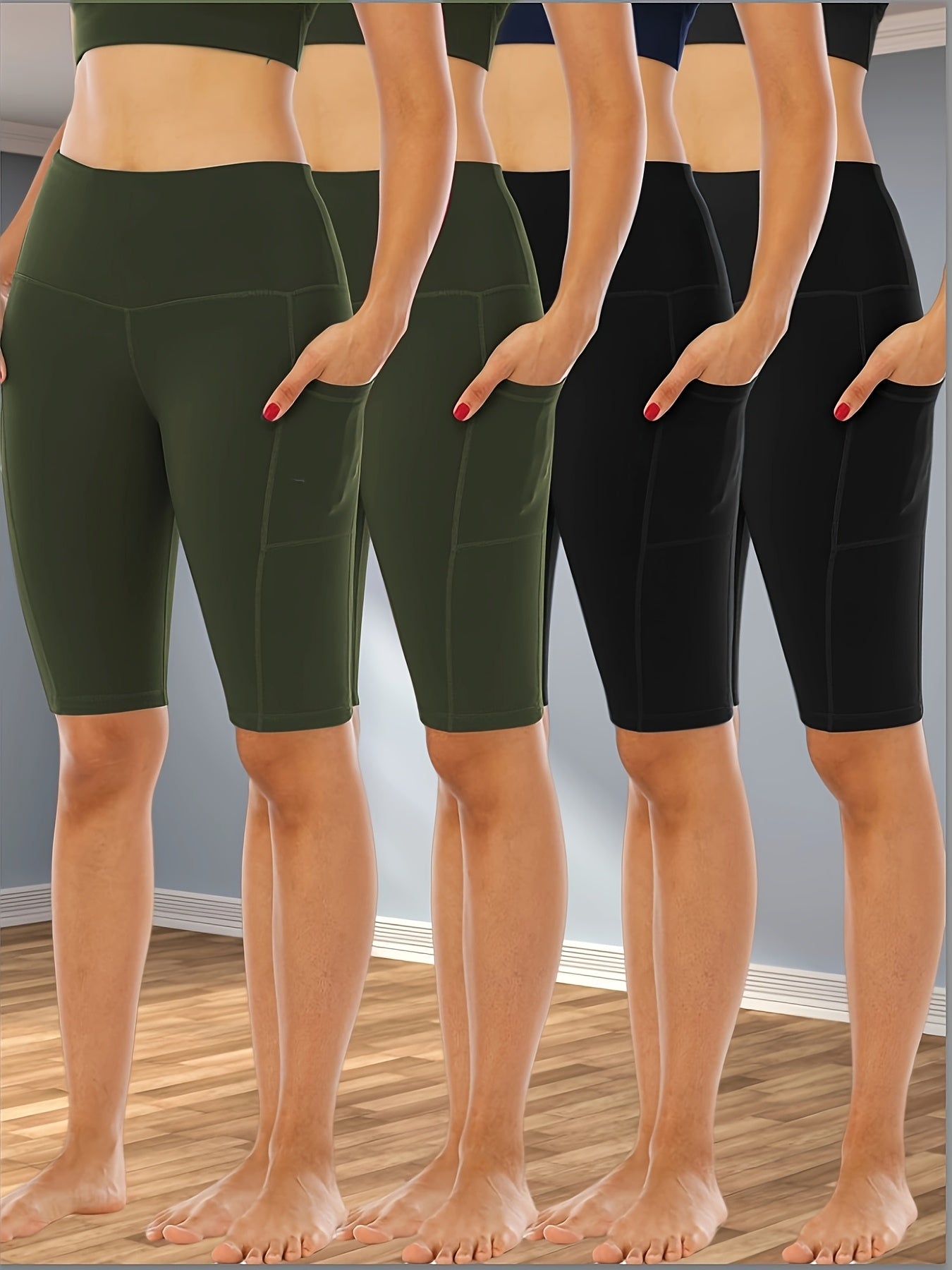 4pcs Women's High-Waisted Yoga Shorts with Side Pockets