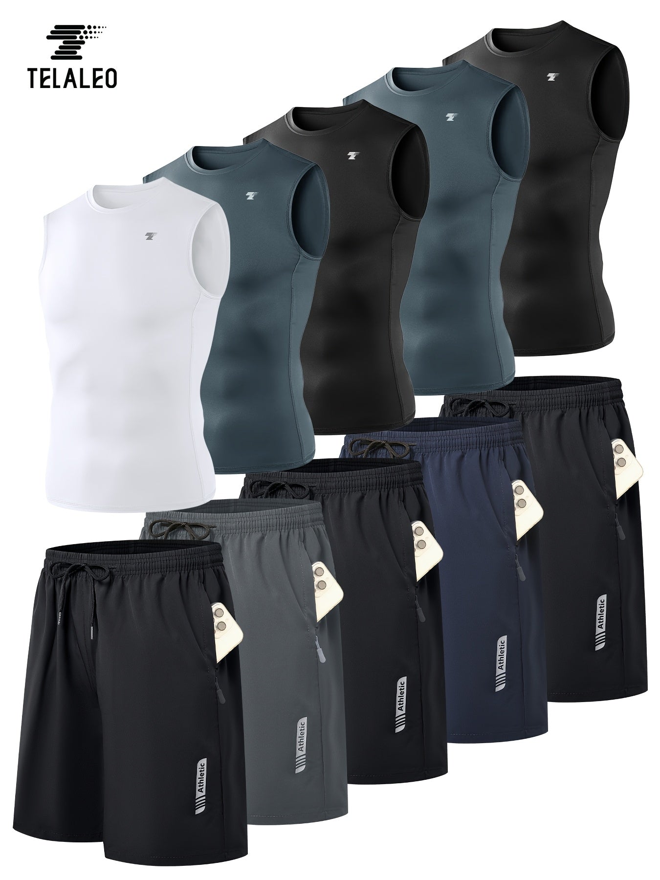 TELALEO 10pcs Men'S Woven Sports Shorts And Men'S Skinny Knit Tank Top Combo Set