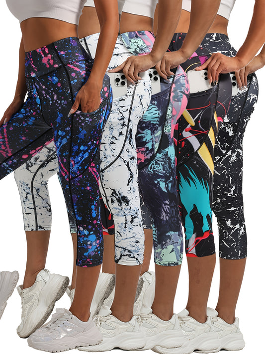 Five Random Printed Yoga Pants Set With Pockets Polyester Elastane