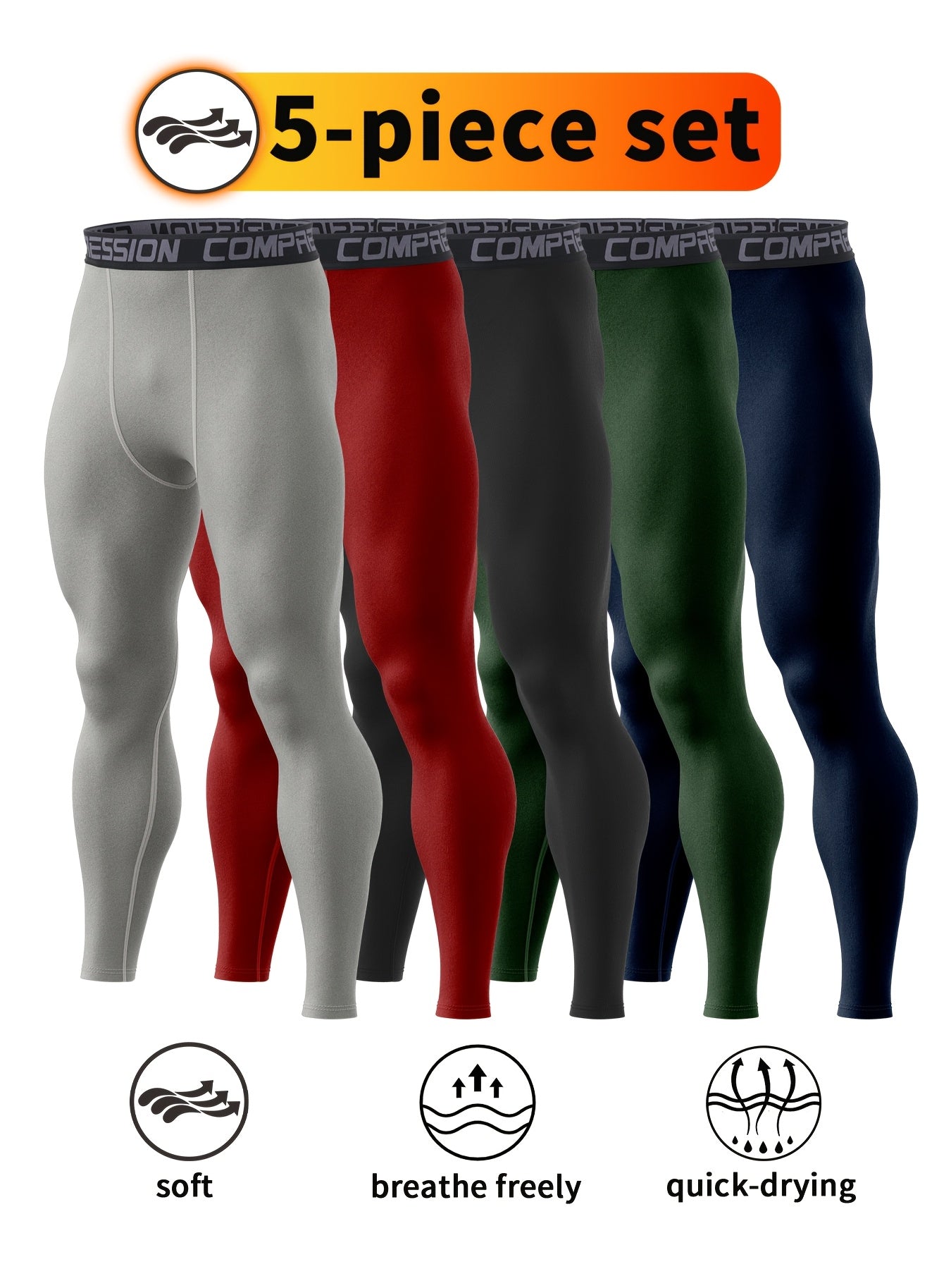 5pcs Men'S High-Waisted Compression Leggings