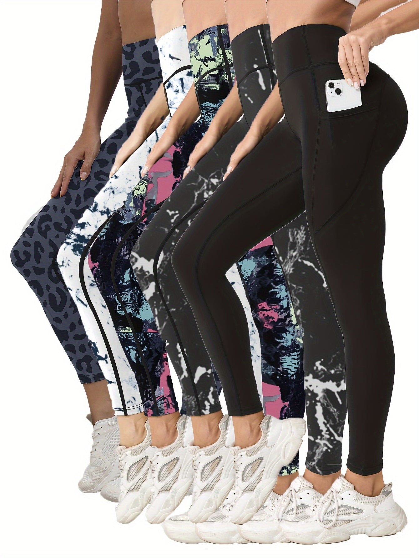 Set of 5 Ultra-Soft Printed Leggings for Women with Pockets,