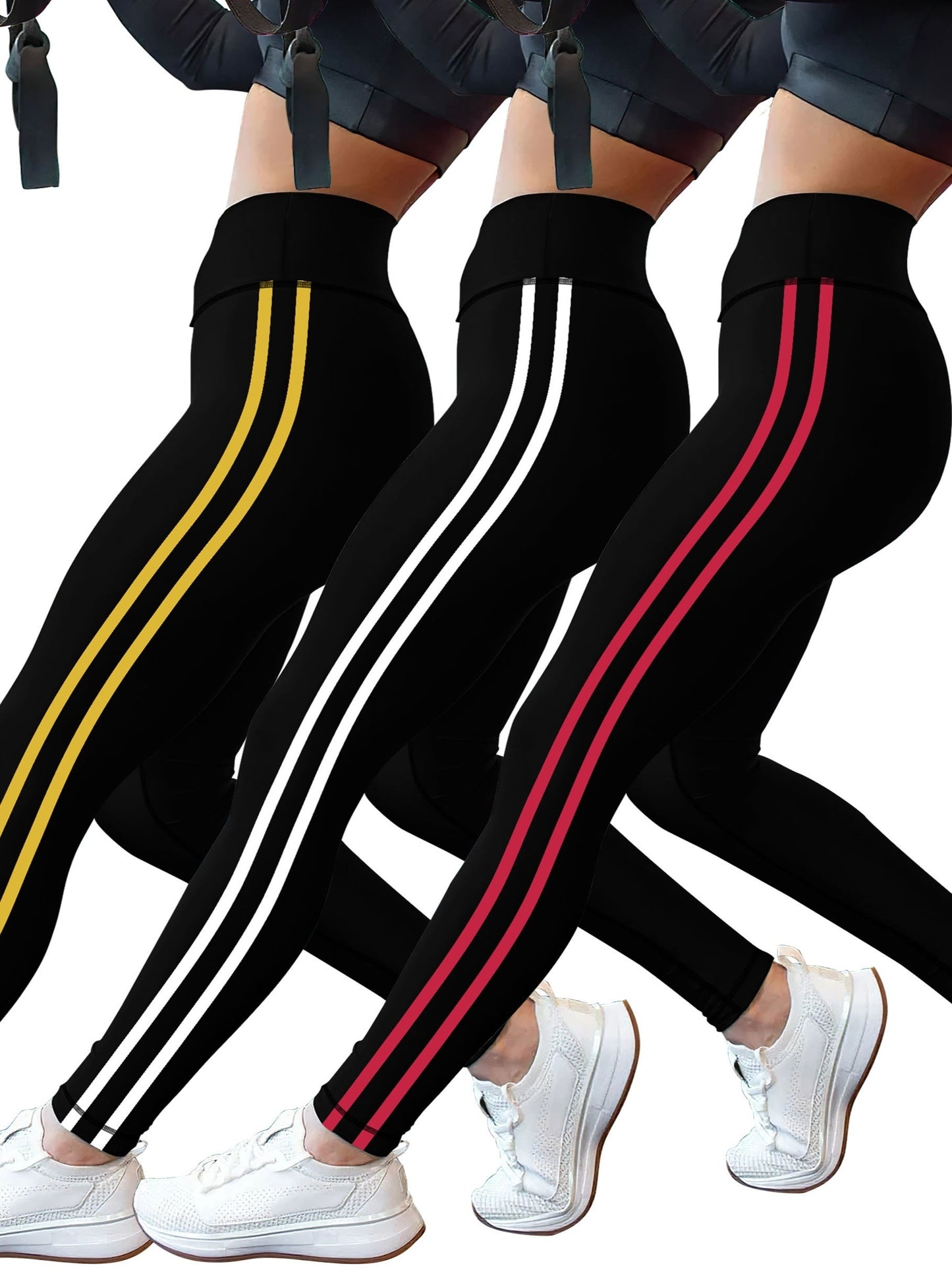 3-Pack Women's High-Waisted Striped Athletic Leggings-