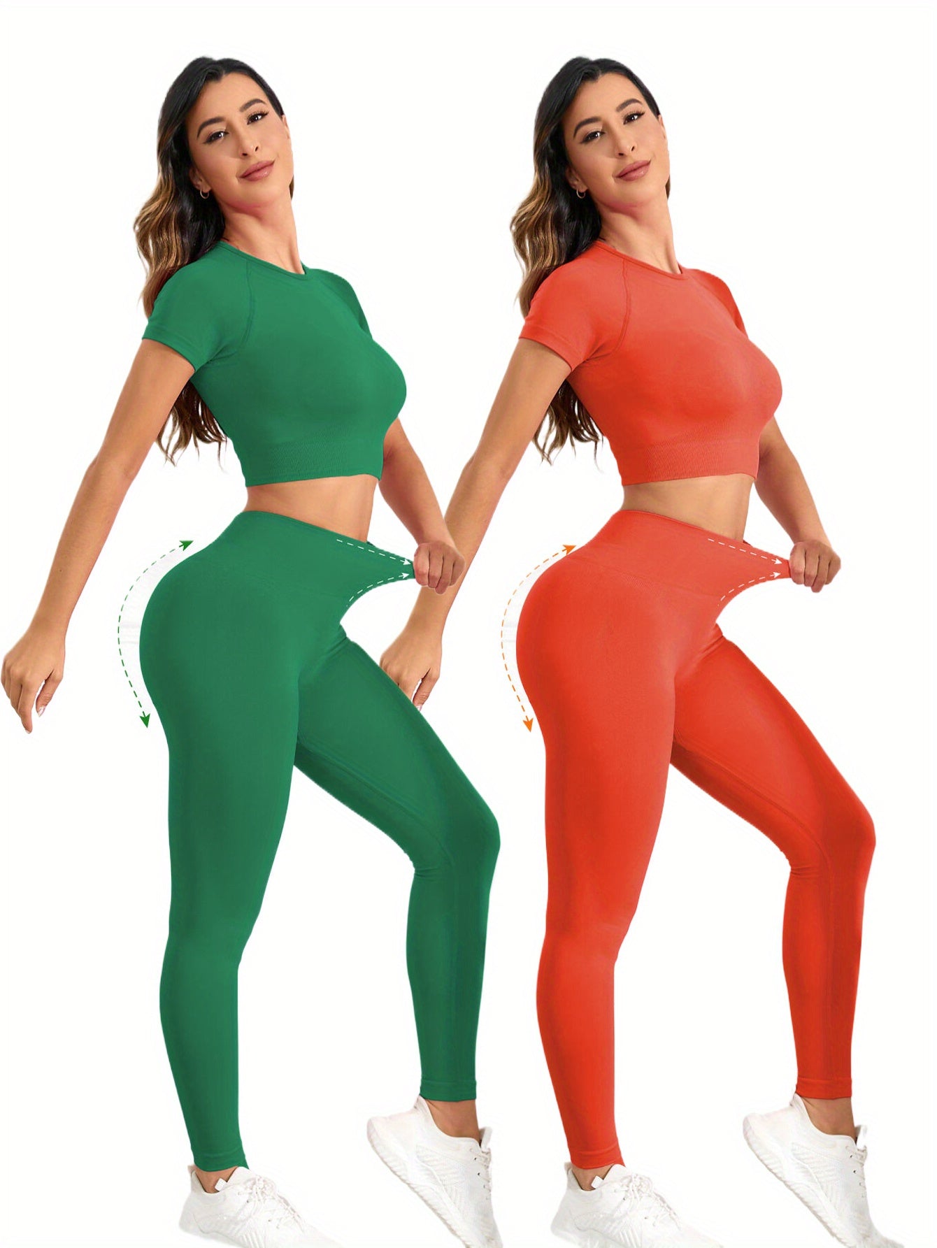 2 sets of seamless nylon stretch yoga fitness short-sleeved shirt and slim hip running leggings suit