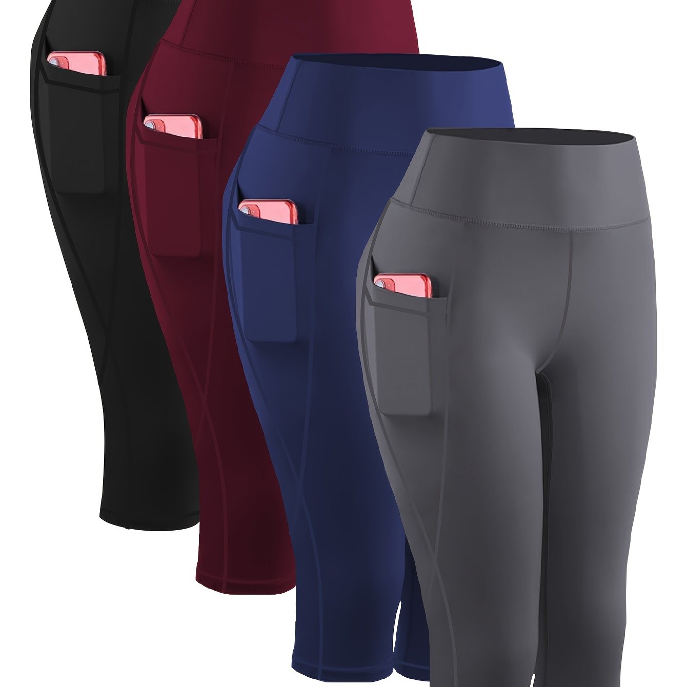 4pcs Plus Size High Waist Capri Yoga Leggings with Pockets