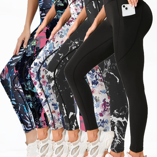 Set of 5 Ultra-Soft Printed Leggings for Women with Pockets,